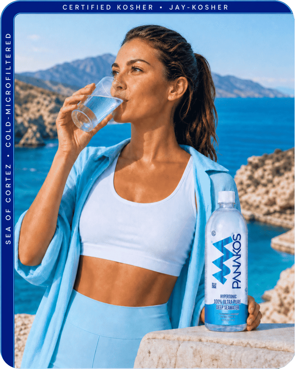 Woman drinking prepared PANAKOS® by the coast beside the one-liter bottle