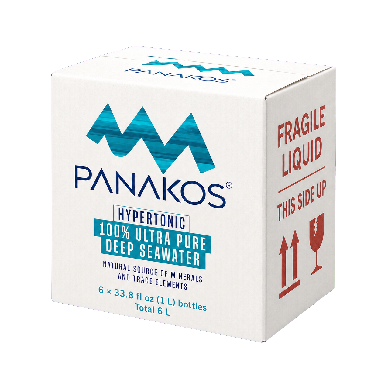 Six PANAKOS® one-liter English-label bottles and shipping case — alternate view